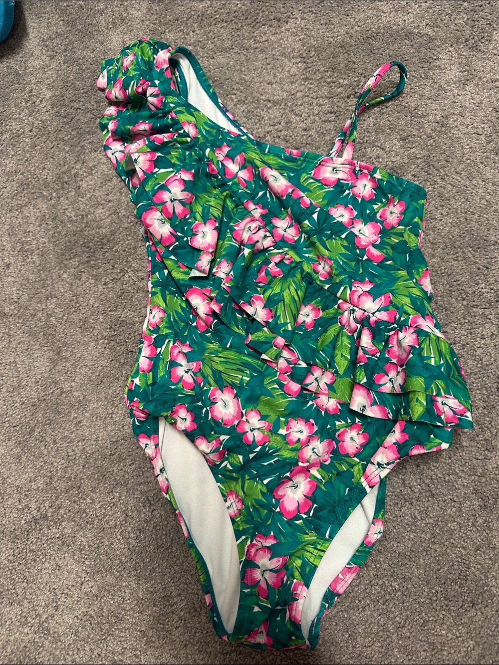 Janie and Jack Tropical Floral Ruffle One-Piece - Green & Pink